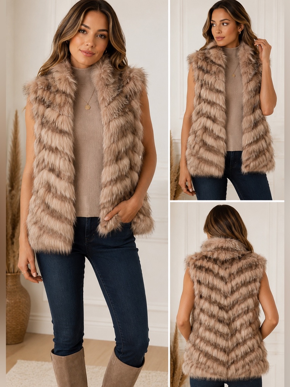 BCBGMAXAZRIA Genuine Dyed Silver Fox Fur Rabbit Knit Sweater Vest Beige Size S